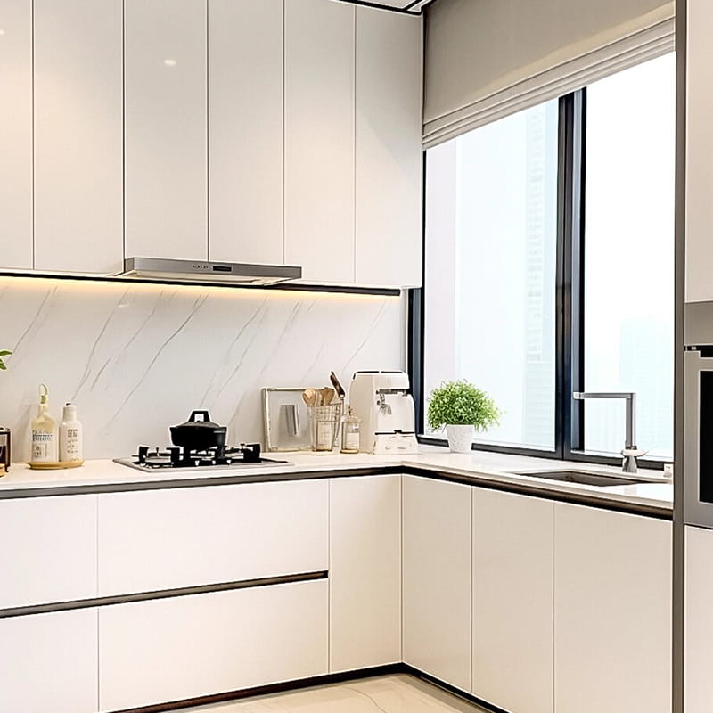 Aurora Itali Minimalist Pure White Touch-Matte & Marble Vein Kabinet Dapur