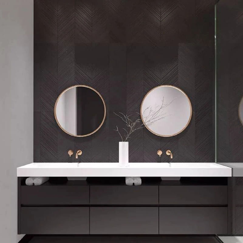 Tone Hangat Linear C-Channel Disambung Sentuhan-Matte Kayu Pepejal Vanities Bilik Mandi